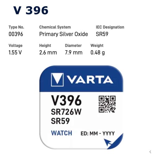 Varta V 396 1,55v silver SR726W, SR59 batteri
